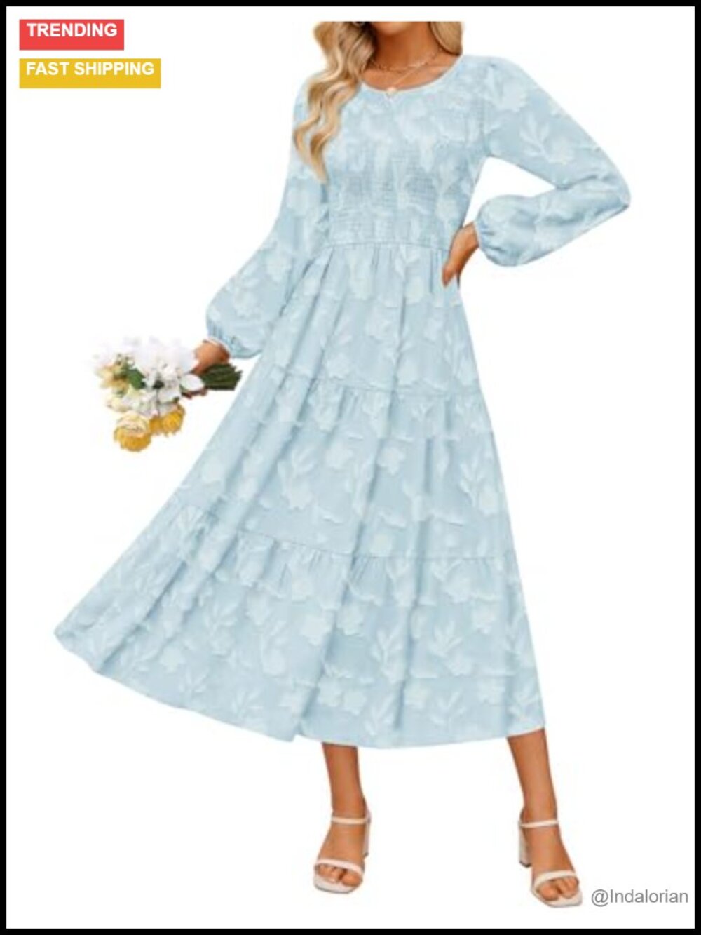 Long Sleeve Boho Floral Midi Dress A-Line High Waist Crew Neck